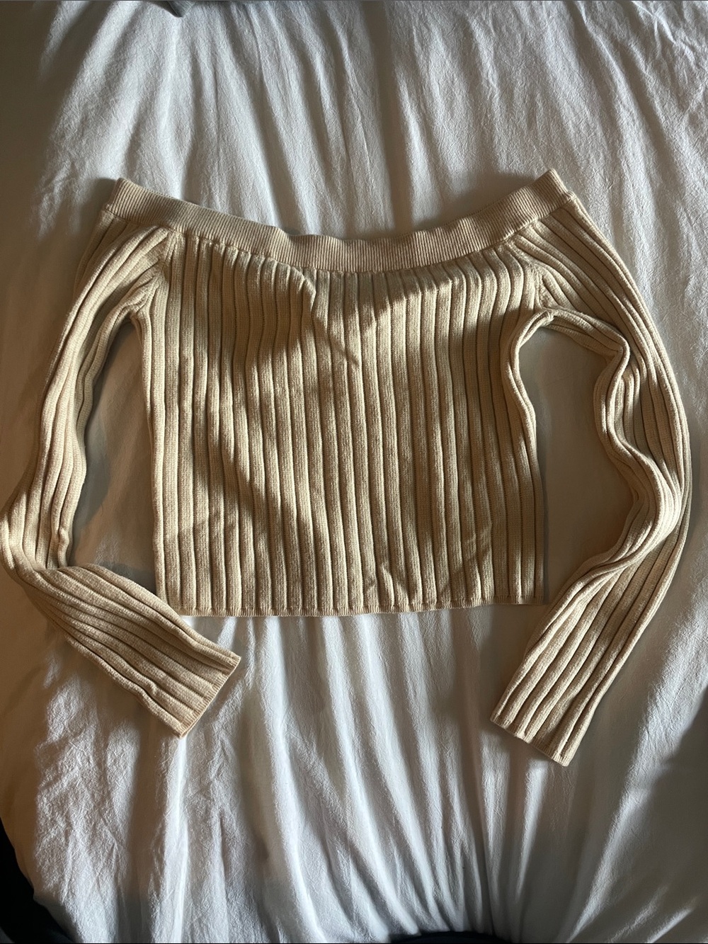 aerie Off-the-Shoulder Ribbed Knit Sweater Top - Cream